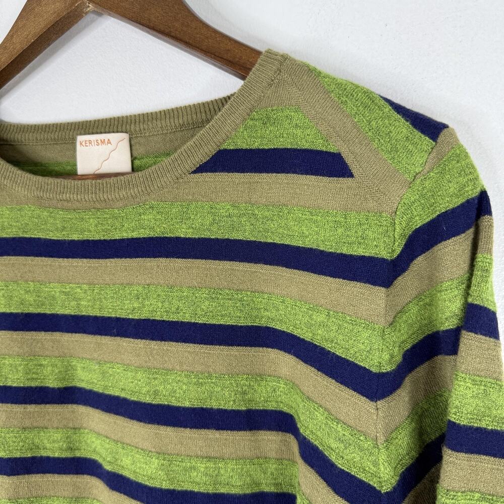 Kerisma Sweater Womens M/L Green Navy Striped Angora Blend Crewneck Pullover